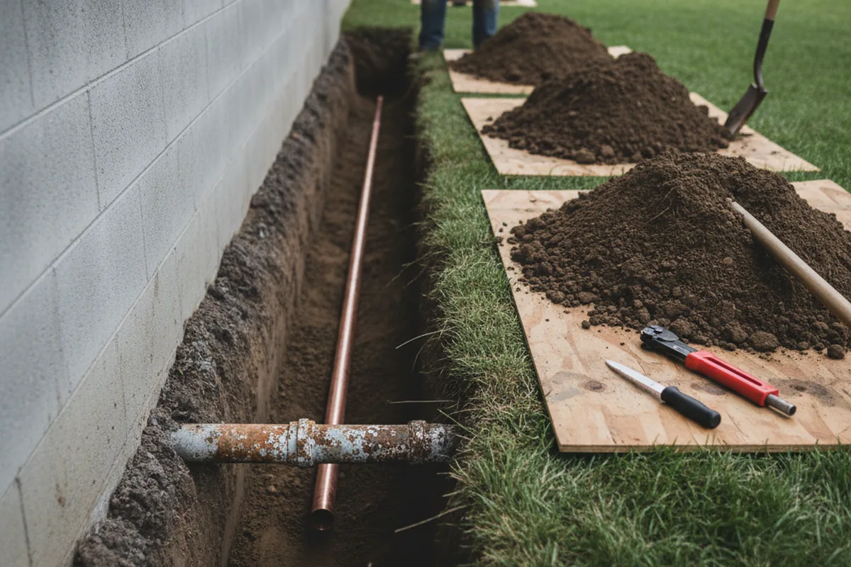 Excavated water line trench during Sewer Line Repair in Newtonville